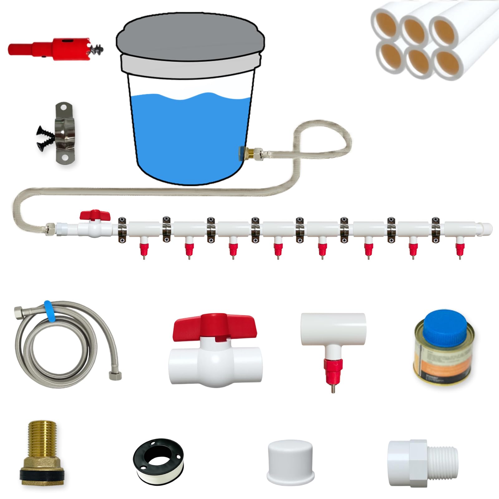 Sistema di irrigazione per polli fai da te, raccordi a T in PVC da 1,27 cm e capezzoli per abbeveratoio per polli, con tubo in PVC, tubo in acciaio inossidabile, kit automatico per abbeveratoio per