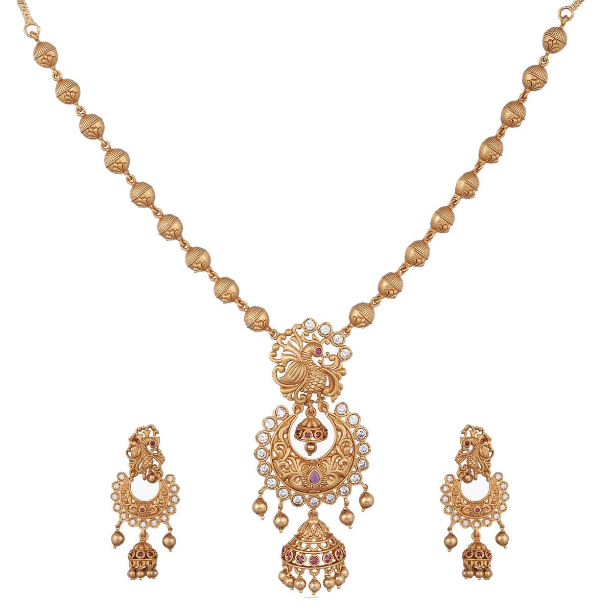 Tarinika Mara Gold-Plated Indian Jewelry Set with Necklace and Earrings - White Red