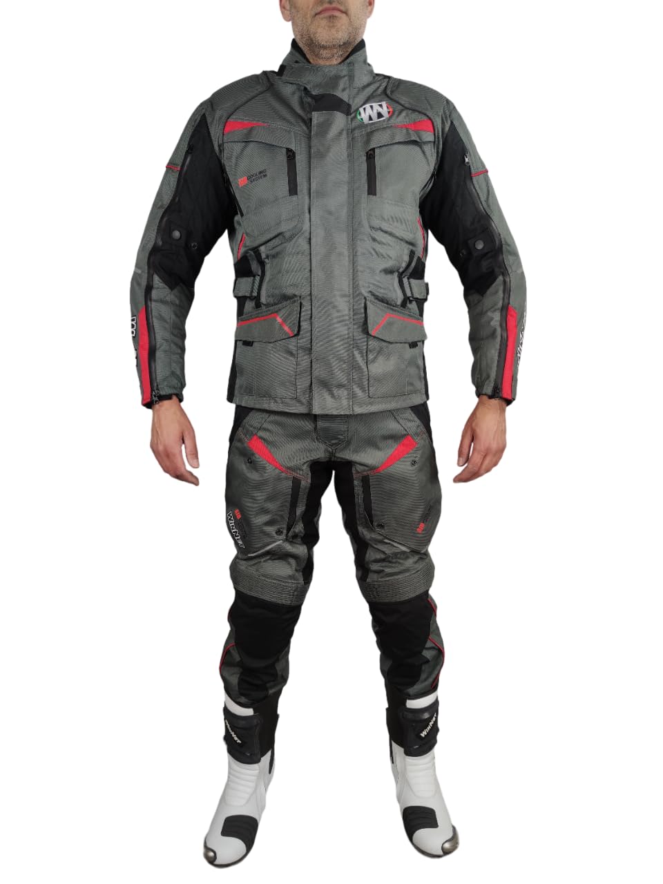 WinNet Tuta Completo Moto in Cordura Giacca e Pantalone con Protezioni Omologate C.E. impermeabile anti acqua pioggia e freddo 4 stagioni invernale ma sfoderabile in primavera estate JT RED