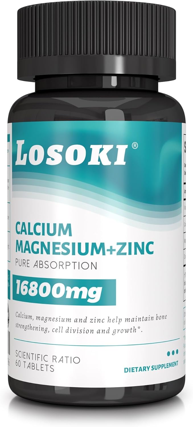 Losoki Calcium Magnesium Zinc - Premium Supplement for Bone Health & Immune Support with Vitamin D - 60 Tablets