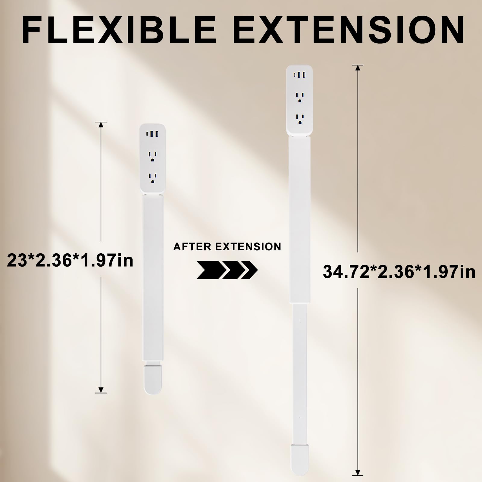 Varilla extensora de toma eléctrica: cuenta con USB-A, USB-C y 2 tomas de CA, se extiende de 22 a 34 pulgadas, gira 180° de acceso de difícil acceso, enchufes de pared expansor de enchufes de
