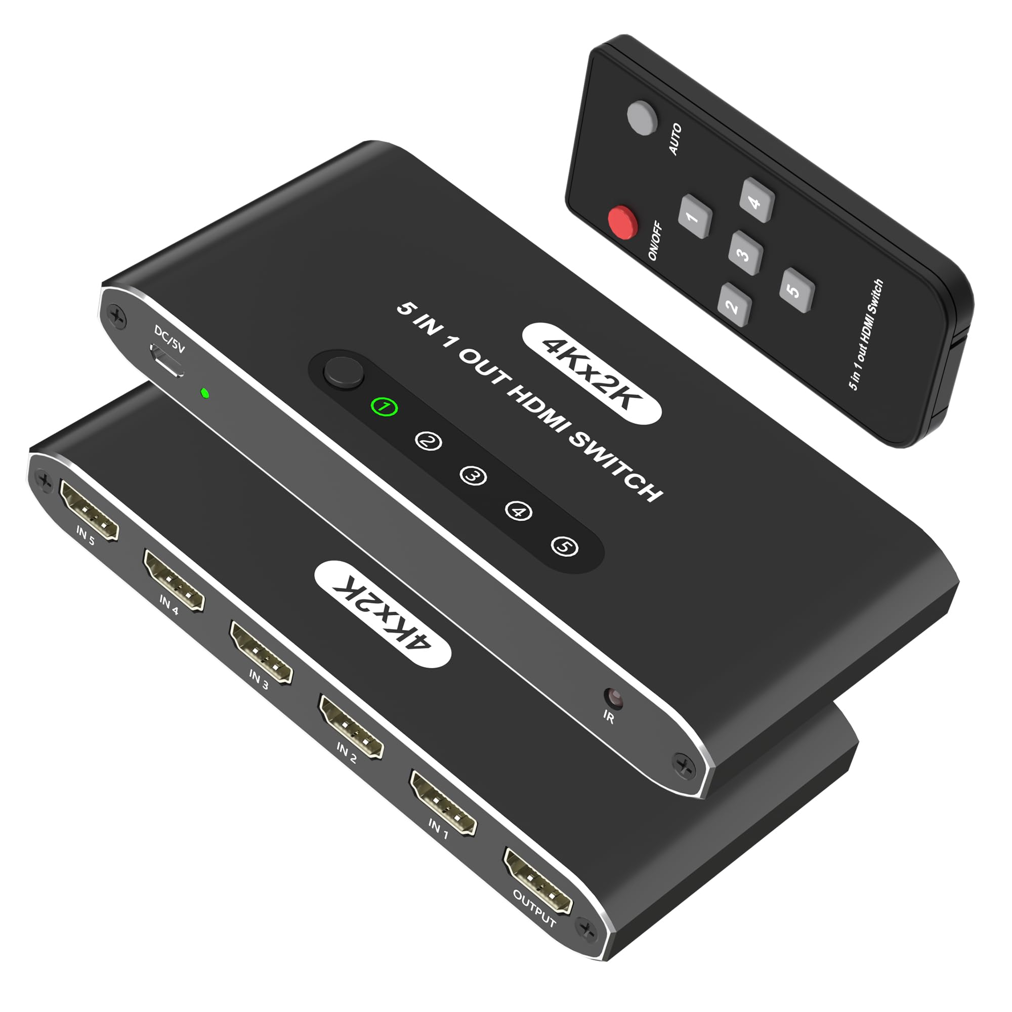 Switch HDMI 5 in 1 con telecomando 4K, 5 porte, selettore HDMI splitter box con indicatori LED, hub di commutazione di gioco con alimentazione USB per PS5 Xbox Fire Stick Roku TV Monitor