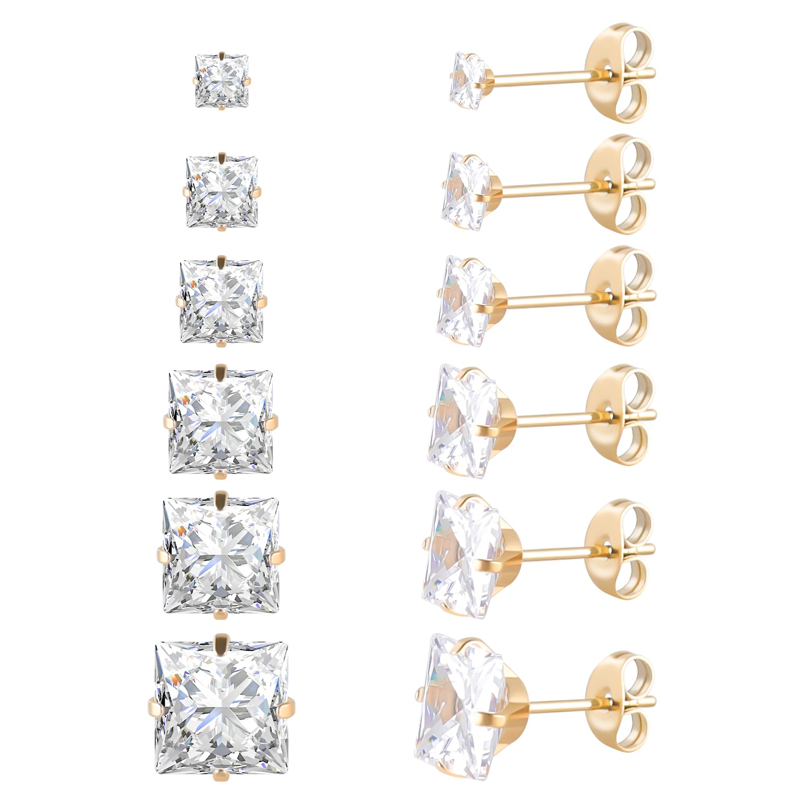12 paia di orecchini a perno in acciaio inox chirurgico placcato oro 18 carati, orecchini a perno quadrati a forma di stella e cuore da donna, con zirconi cubici, set di orecchini