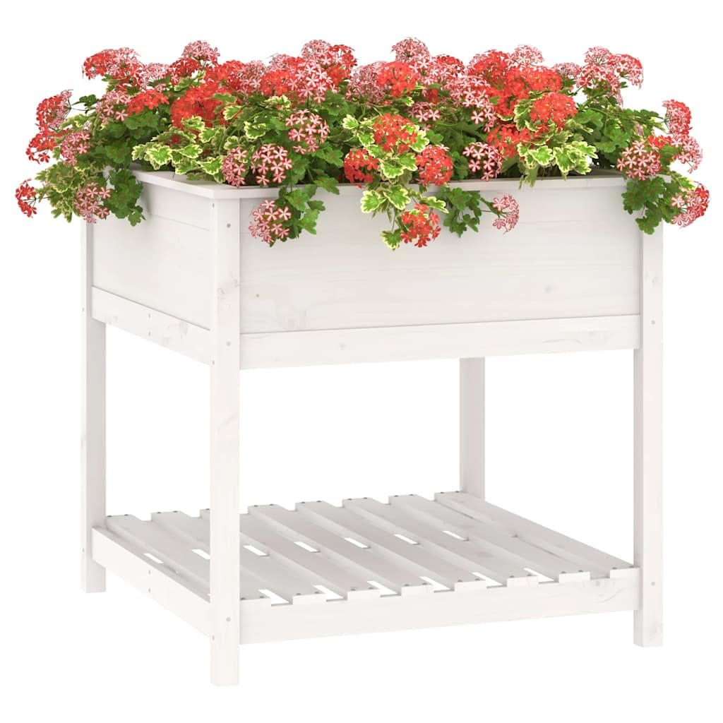 Pflanzkübel Weiß 82,5x82,5x81 cm aus massivem Kiefernholz, Blumentopf groß mit Ablage, ergonomisches Hochbeet für Balkon, Terrasse und Garten
