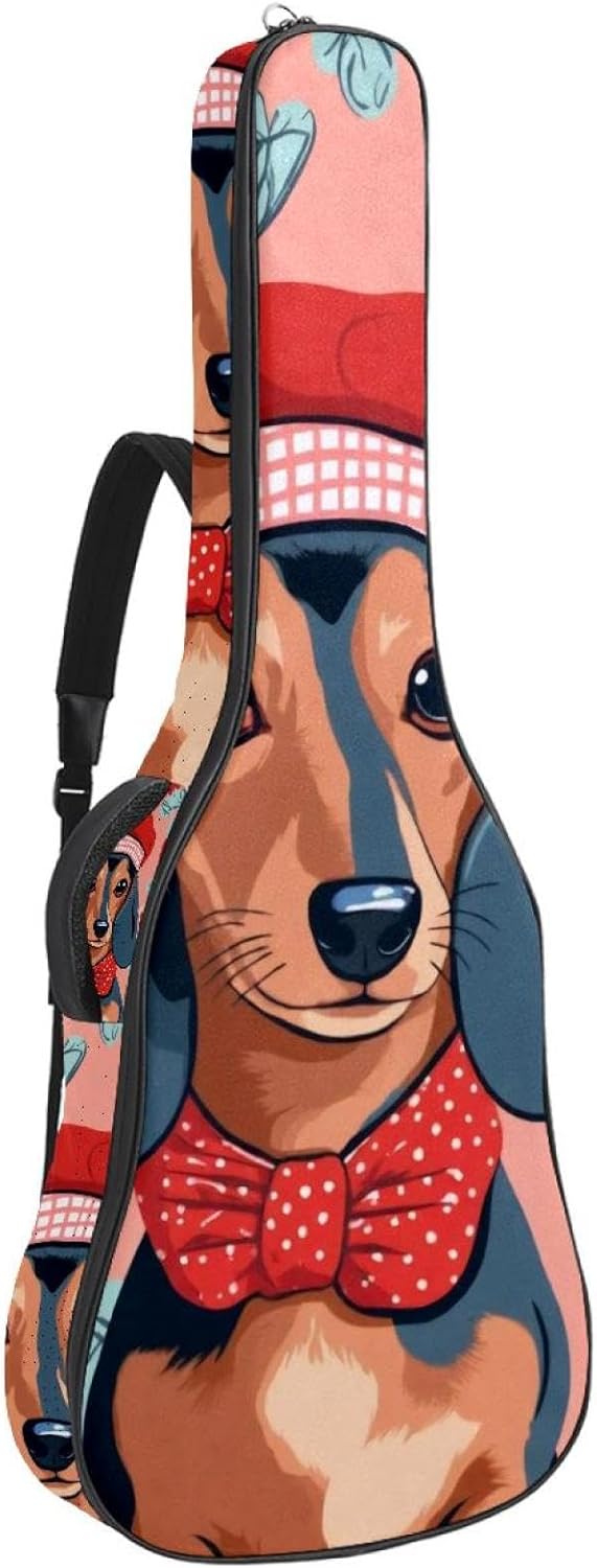 40 41 42 Inch Guitar Bags, Waterproof Padded Acoustic Guitar Case Backpack with Adjustable Shoulder Strap & Pockets, Cute Cartoon Parisian Dachshund