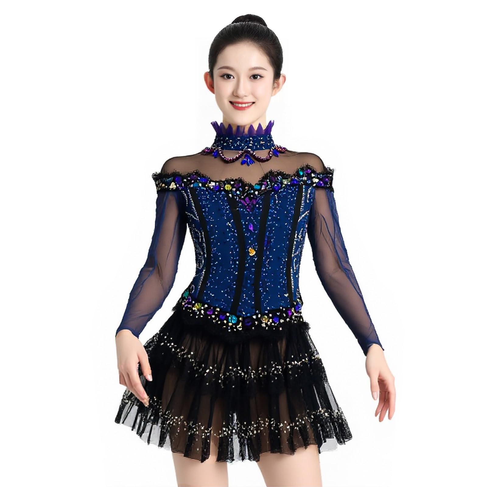Girls Figure Skating Dress with Shiny Rhinestone, Long Sleeve Ice Skating Dresses for Competition, Team Uniform(X-Small) Blue