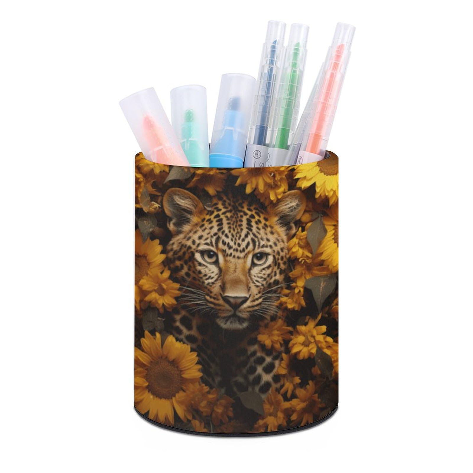 JTREHY Round Pen Holder,Leopard And Sunflower Printed Makeup Brush Storage Box for Home Office Dressing Table