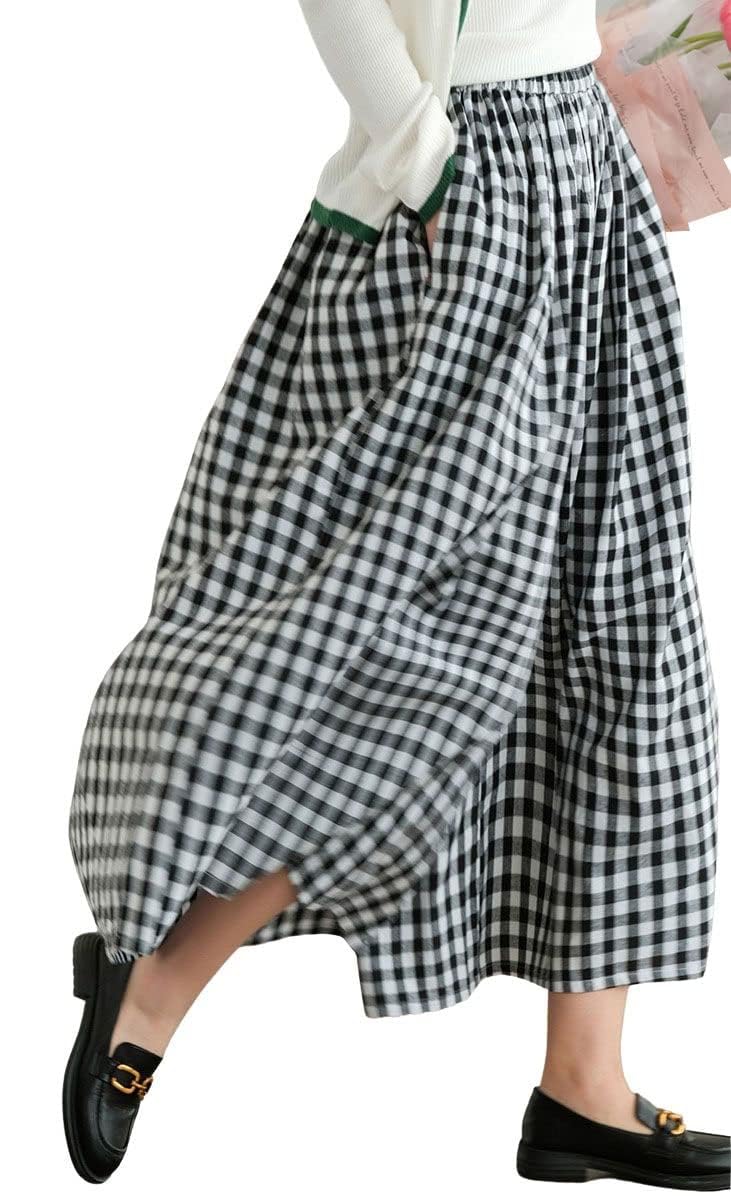 Pantacourt Palazzo en coton et lin pour femme - Taille élastique - Motif carreaux vichy