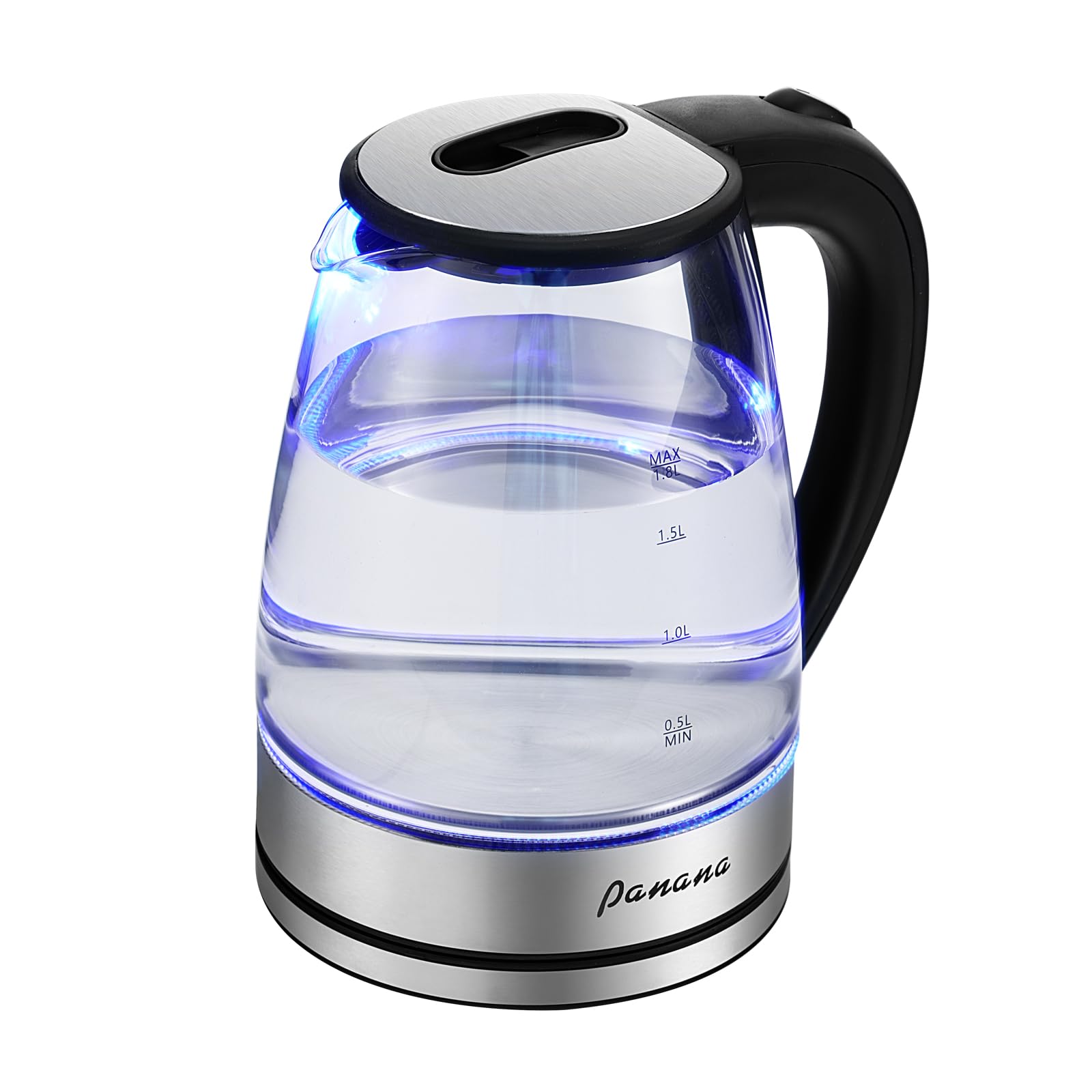 Panana Electric Kettle, 1.8L Glass Kettles with Blue LED, 1200W, Built-In Mesh Filter, Fast Boil, Easy to Clean, Boil-Dry Protection, BPA Free