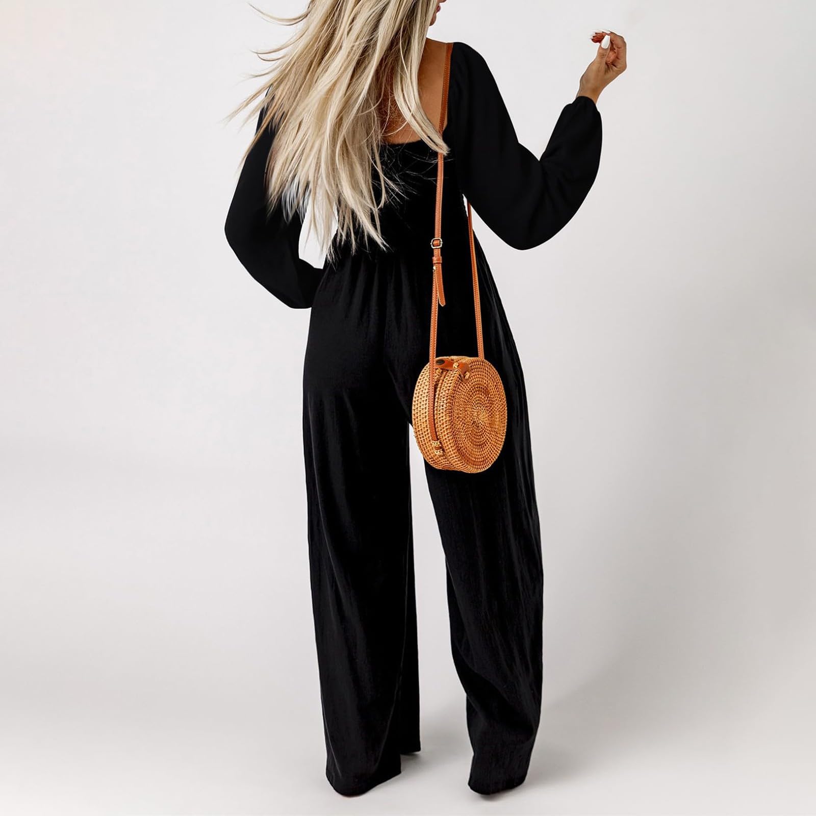 Casuale Loose Bib Pants Tuta Tuta a gamba larga, a maniche lunghe, tinta unita, elegante, per il tempo libero, elasticizzati, morbidi e traspiranti, con tasche