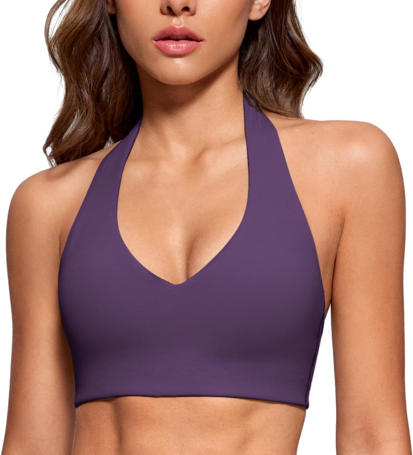 Womens Halter Longline Sports Bra Padded Low Back Yoga Bra Workout Crop Top with Built in Bra