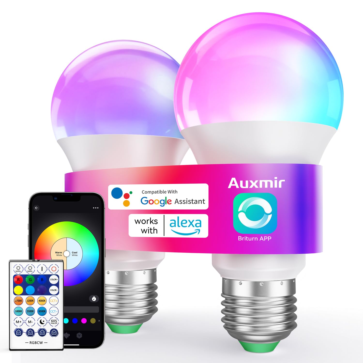 Auxmir Smart Light Bulbs with Remote, RGB+CCT Color LED Light Bulbs Work with Alexa & Google Home, Multiple Scene and Music Sync Light Bulb, A19 9W 800LM, WiFi Bluetooth 2.4GHz No Hub Required, 2-Pack