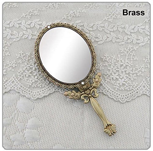 Butterfly Designed Double Sided Magnification Hand Held Makeup Metal Mirror Folding Handle Stand Travel Mirror (Large, Brass)