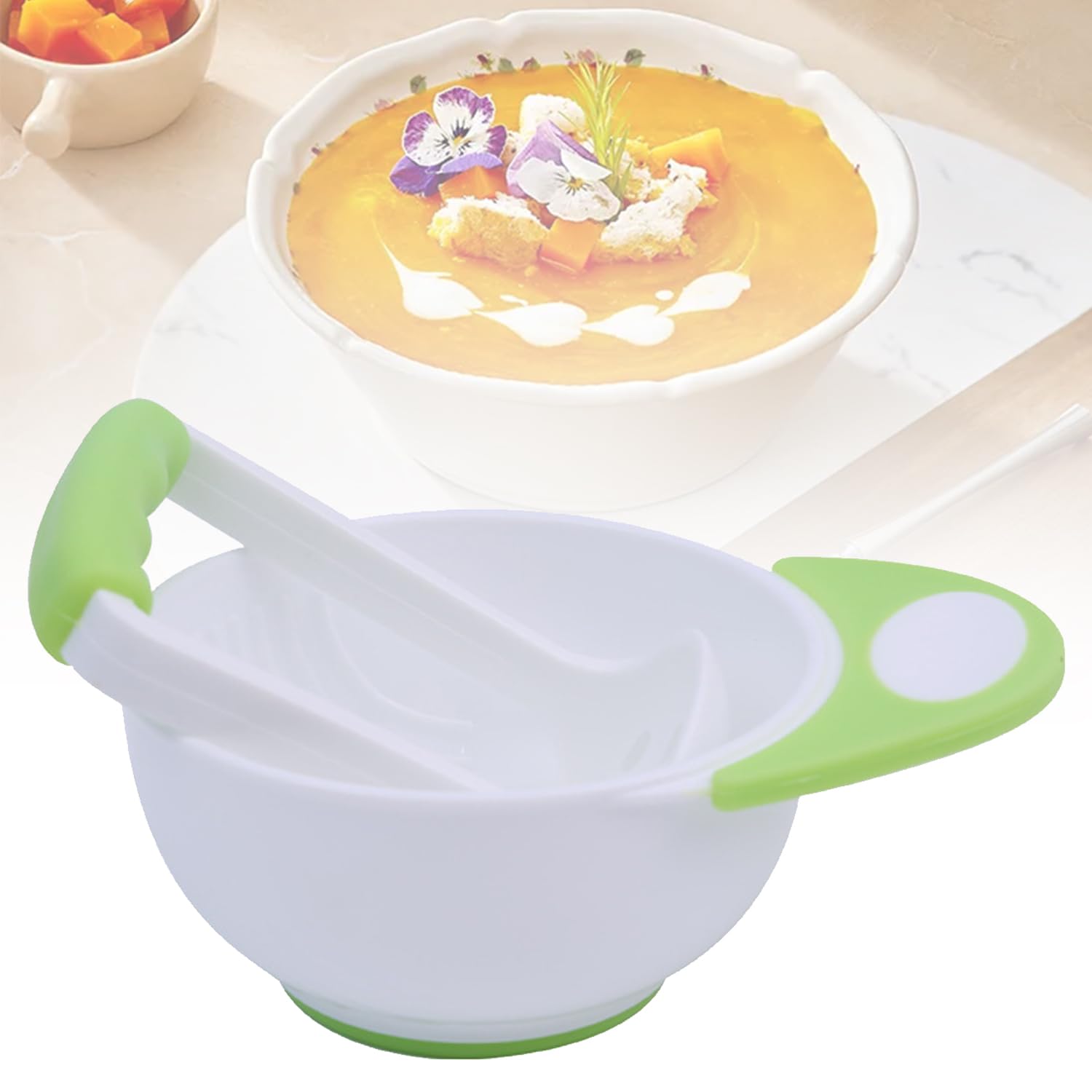 Baby Food Mash Bowl, Baby Food Masher Set, Handmade Fruit Vegetable Food Grinding Bowl, with Non Slip Long Bowl Handle and Grinding Rod, 1 Set Food Puree Mash Bowl (Green)