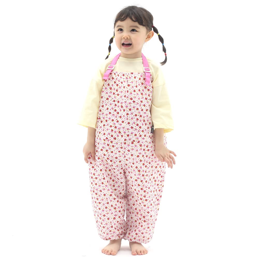 Kids Art Smock Dungaree Style, Lightweight Waterproof Painting Apron with Adjustable String, Quick-Dry Messy Play Overall for Boys Girls School Crafts, Pink Strawberry (40-S)