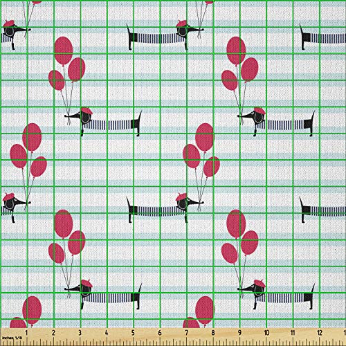 Image of Ambesonne Dachshund Fabric by The Yard, Beret and Shirt Wearing Dog Holding Balloons on Stripes Background, Microfiber Fabric for Arts and Crafts Textiles & Decor, 1 Yard, Vermilion Pale Blue