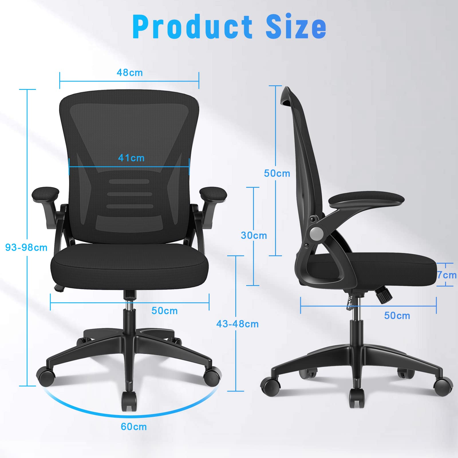 Bürostuhl mit verstellbaren Armlehnen, ergonomischer Schreibtischstuhl mit Netzbespannung, Lordosenstütze, höhenverstellbar, gepolstertem Sitzkissen, 360° Drehstuhl, Schwarz