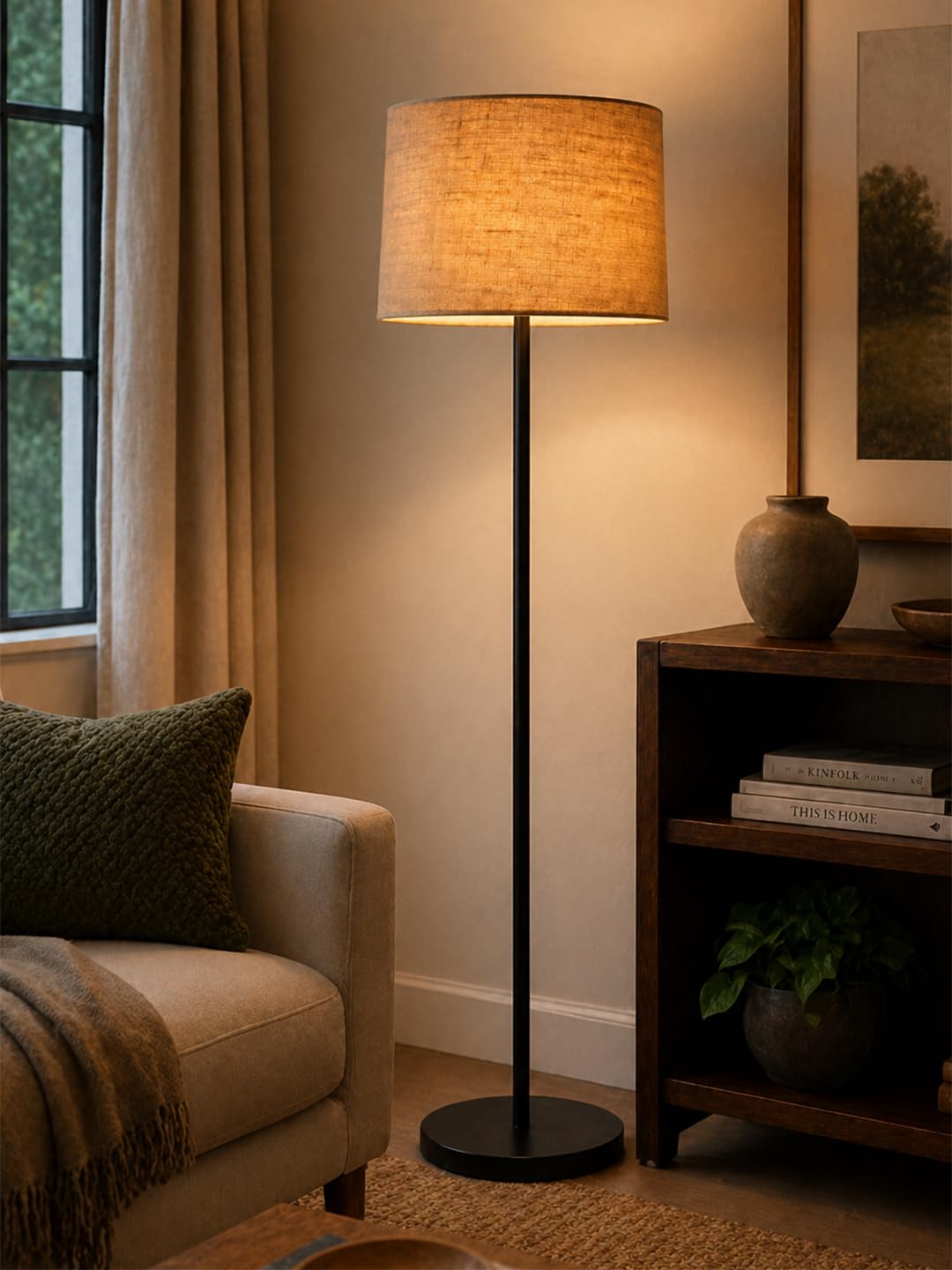 Decorcity Modern Black Metal Pole Floor Lamp for Living Room, Tall Standing Lamp with Fabric Shade, Warm Ambient Lighting, Minimalist Lamp for Bedroom, Office, Reading Corner (Jute)