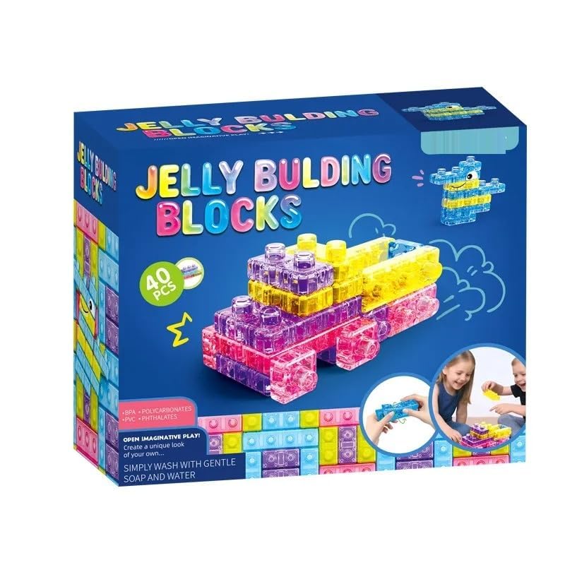 Jelly Building Blocks Set of 40, Soft Flexible TPE | BPA Free, Safe for Kids, Squishy & Bendable, Develops Motor Skills, Colourful Transparent-picture-25