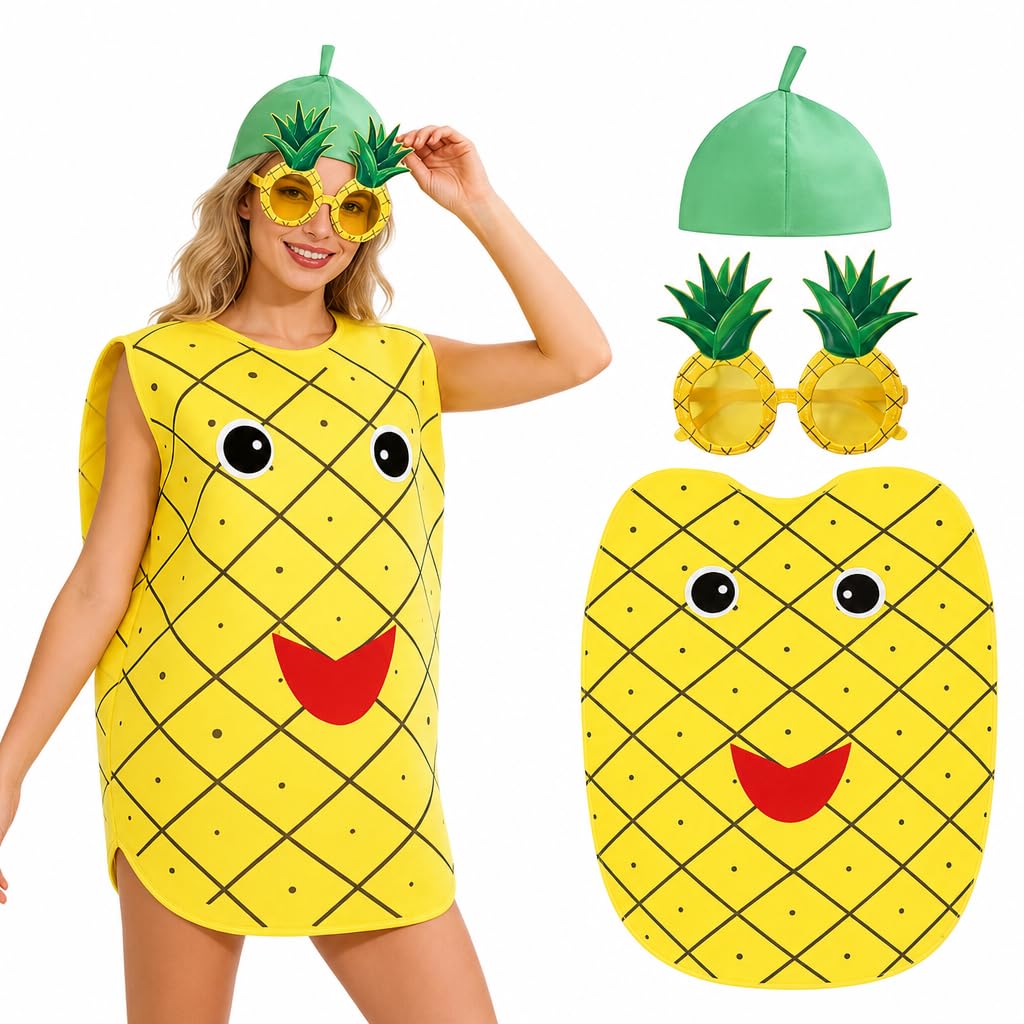 WNXBFO Fruit Costume for Adults, Funny Fancy Dress Beginning with S, Pineapple Theme Outfit with Hat and Glasses, for Halloween Parties and Cosplay Events