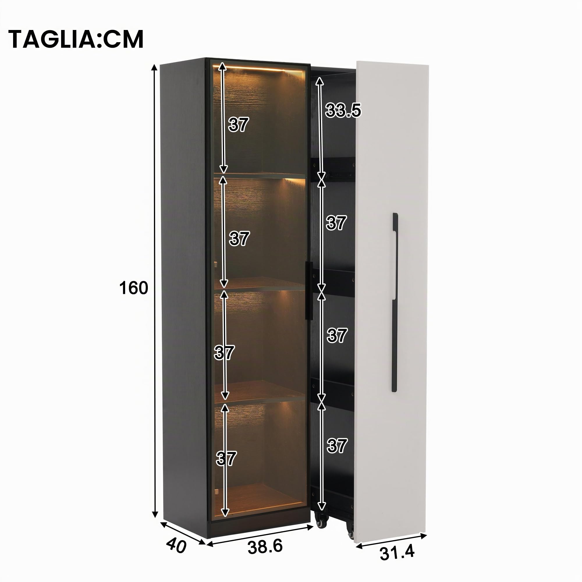 Merax Vetrina 70 × 40 × 160 cm, libreria con porta in vetro temperato, telaio in alluminio, estrattore laterale e cassetto, con ruote e illuminazione a LED, per soggiorno e sala da pranzo