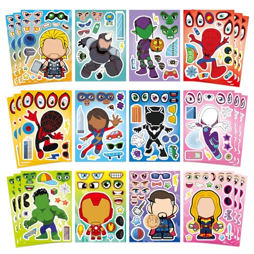 36 Pieces Make-a-face Stickers Pack Heroes Make Your Own Stickers Mixed & Matched with 12 Designed Characters(3 of Each) for Party Decoration Reward Decor 687