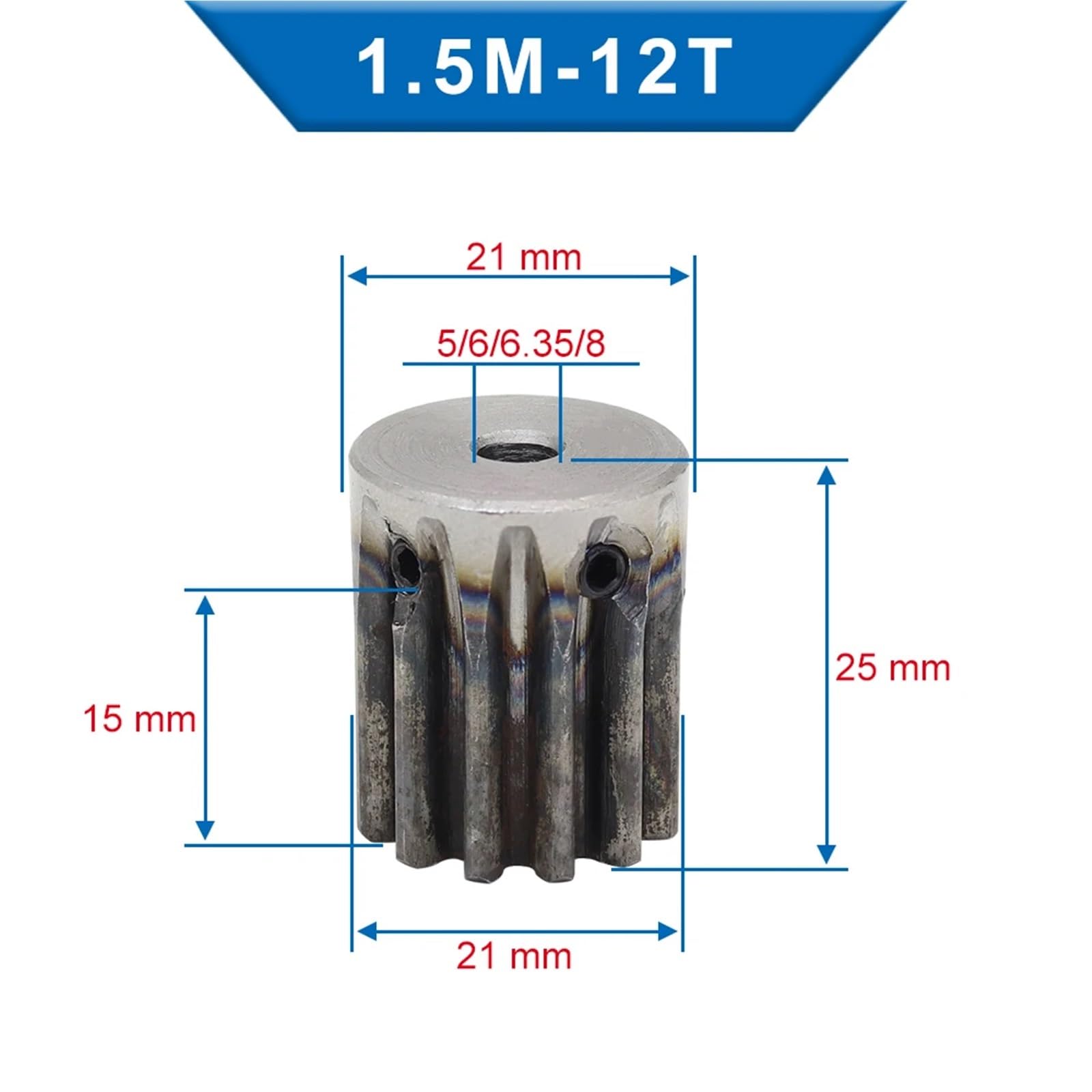 Engrenage droit 1,5M12T, alésage 5/6/6,35/8 mm, pignon en acier à faible teneur en carbone, 1 pièce(6.35 mm)
