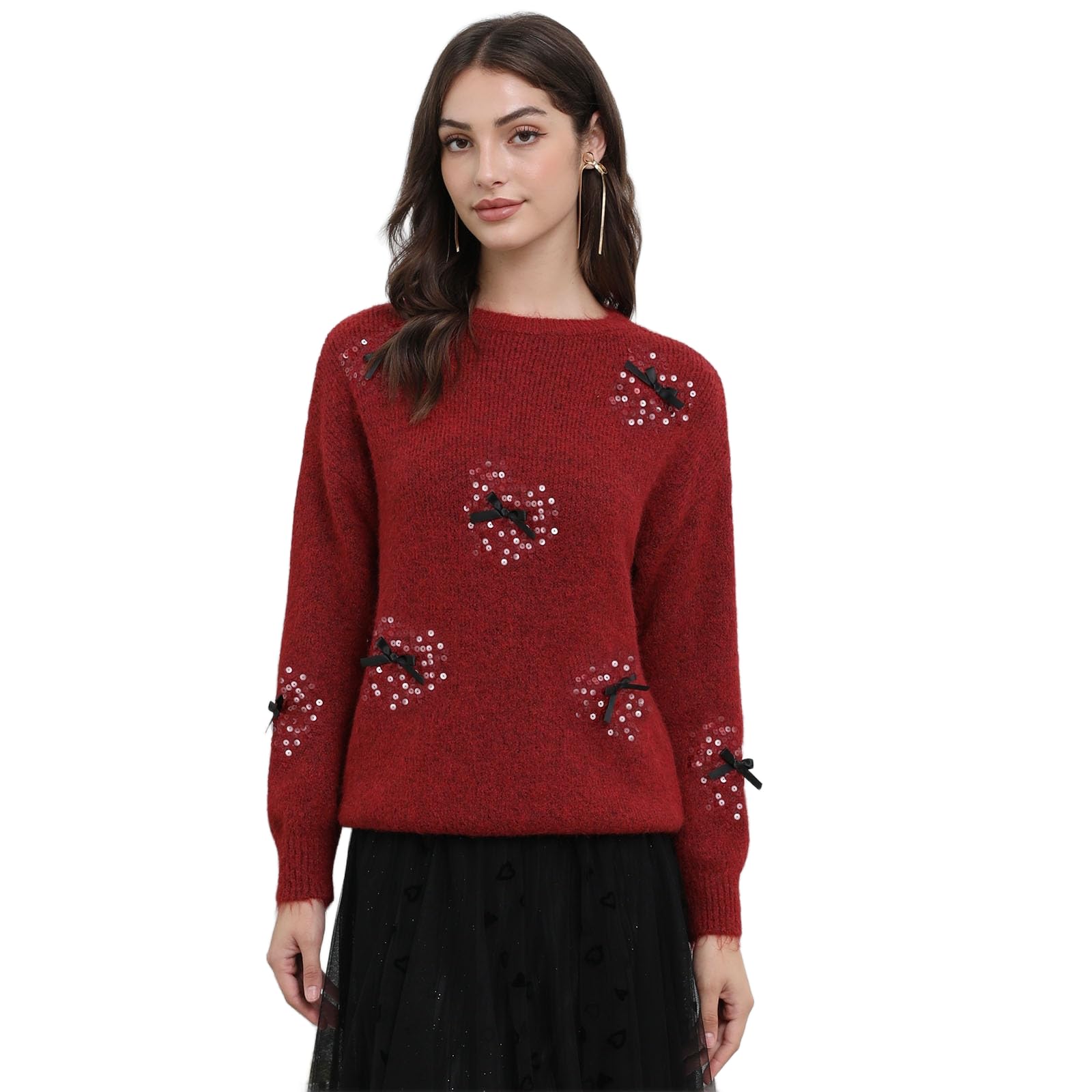 CHICWISH Women Sequin Heart Bowknot Knit Sweater Crewneck Long Sleeve Soft Fall Fashion Romantic Pullover Jumper Top