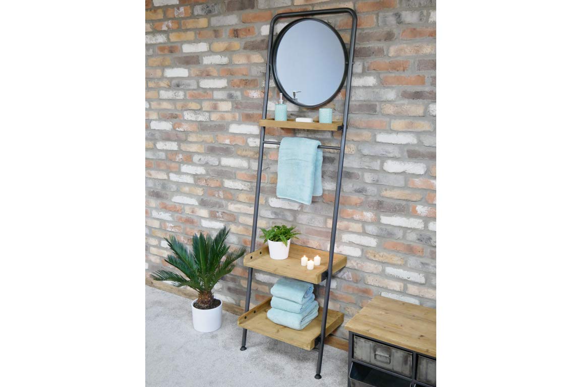 Wall Leaning Mirror with Towel Rail Shelves Tall Ladder style Black Metal Wood Tilting Mirror