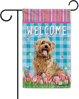 Dog Spring Summer Welcome Garden Flag Yorkshire Terrier Yorkie Tulip Flowers Blue Buffalo Plaid Outside Yard Decor Flag Banner 12.5X18 Inch Double Side Style 2