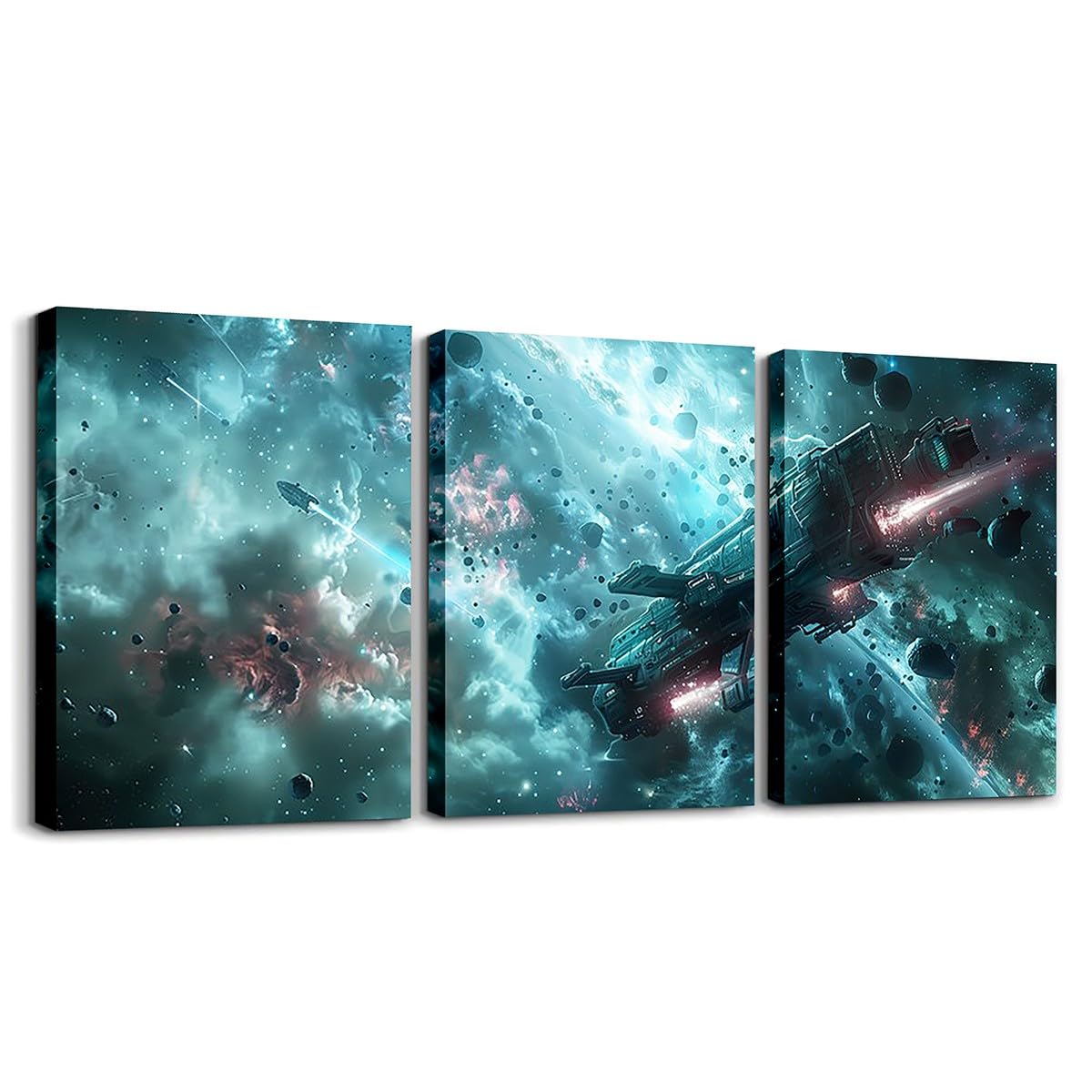Homewish Outer Space Canvas Wall Art Set of 3, Galaxy Universe Pictures Wall Decor for Teen Boys Men Bedroom Living Room, Space Shuttle Rocket Posters for Walls Space Themed Home Decor