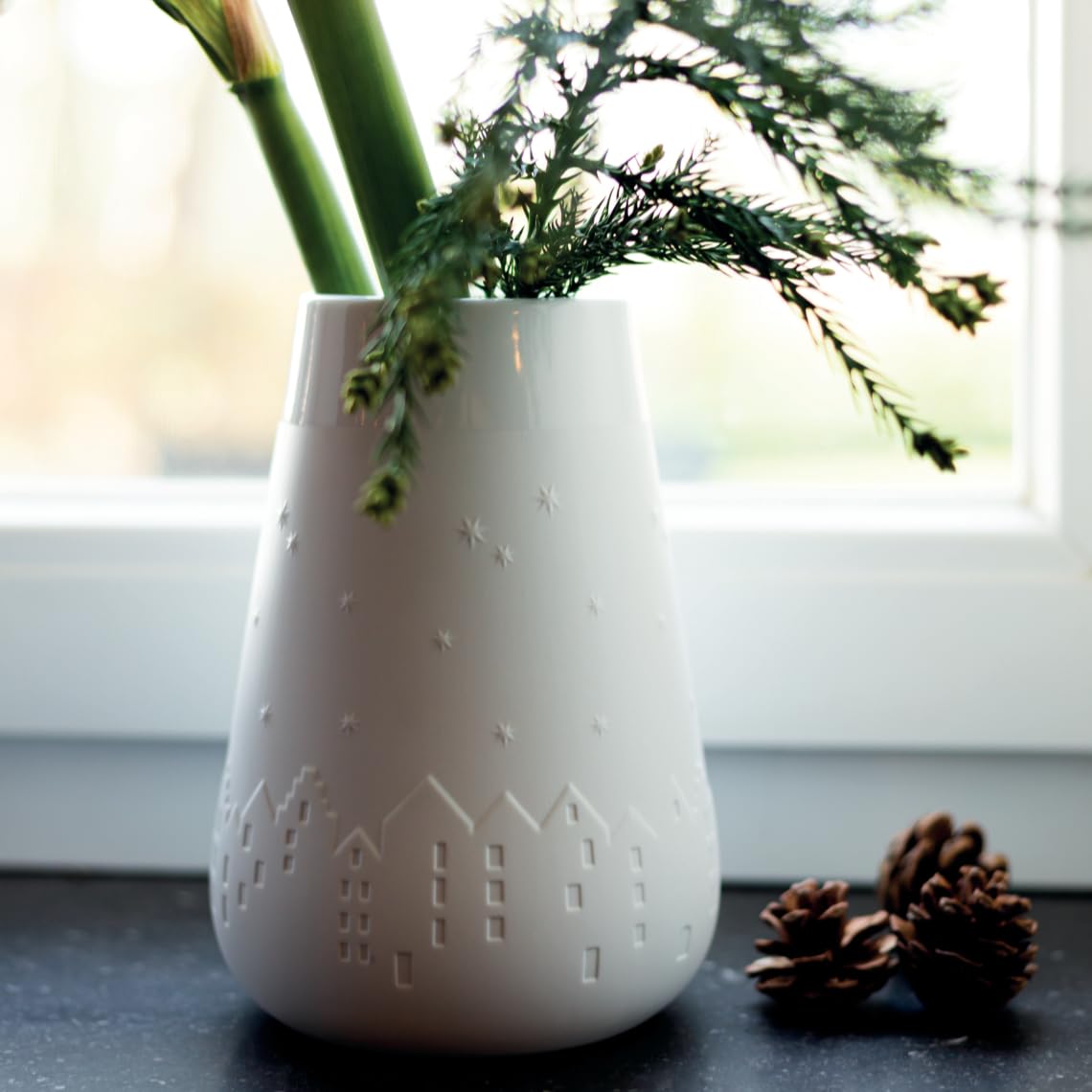 Poesie Vase Winterstadt D.14cm, H.20cm, weiß