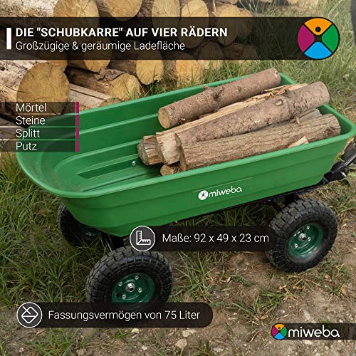 Miweba Bollerwagen Dumper | 𝟑𝟎𝟎 kg Traglast - Luftreifen - Volumen 75 L - Kippfunktion - Sackkarre - Schubkarre - Transportwagen - Kinderwagen - Handwagen - Gartenwagen - Wagen - Kippwagen (Grün)