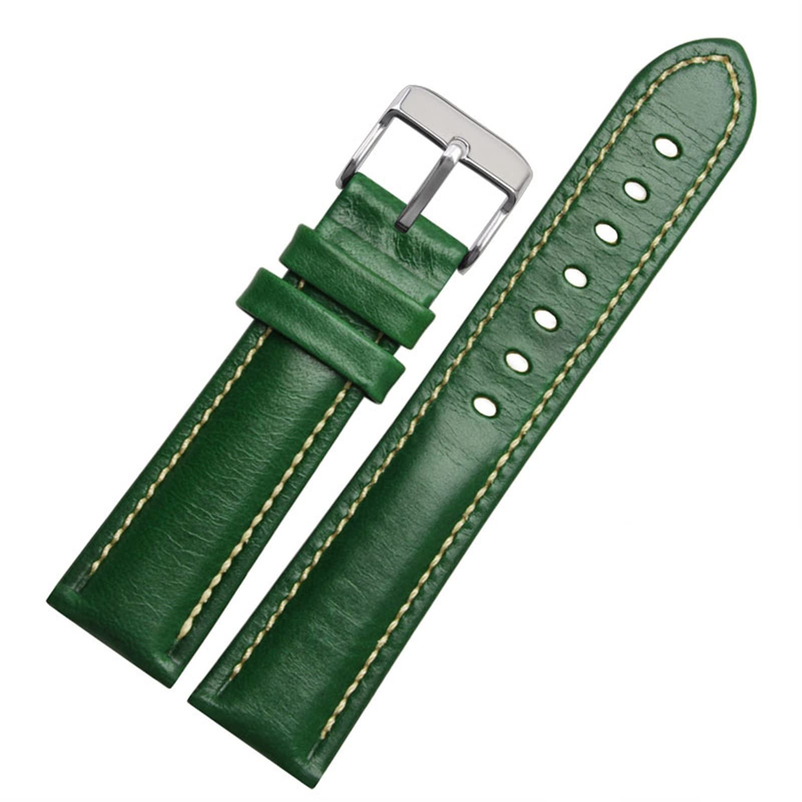 Bracelet montre cuir véritable 21mm CZKE interchangeable vert avec boucle argent