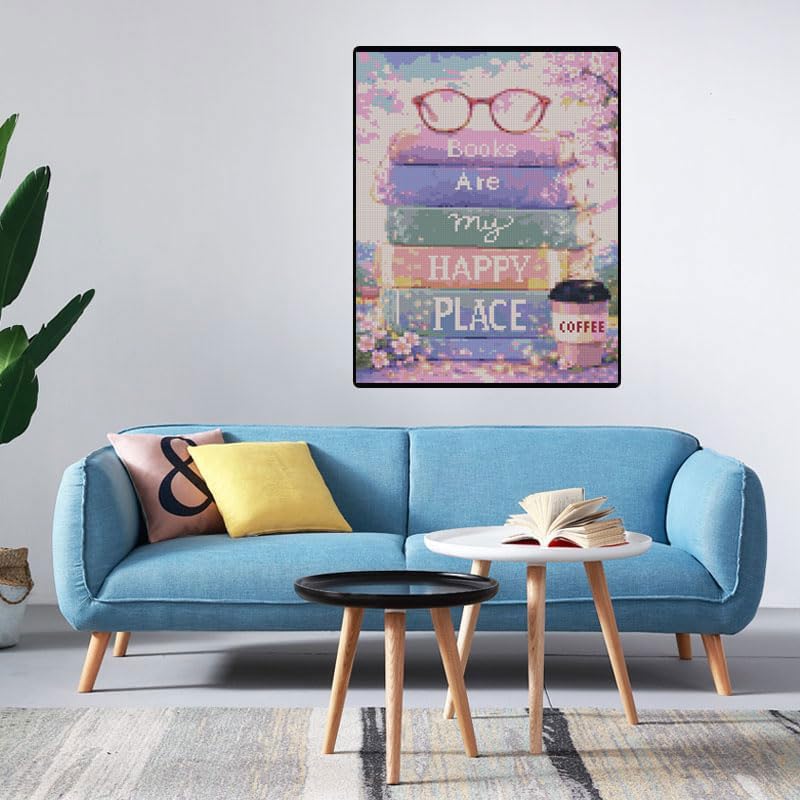 Image of MYBISYMQQ Stack of Books Stamped Cross Stitch Kit, Embroidery 11.8x15.7in | Books & Flower Embroidery Starter Kit for Adult Beginners,Printed Embroidery Kit Art Craft for Home Wall Decor