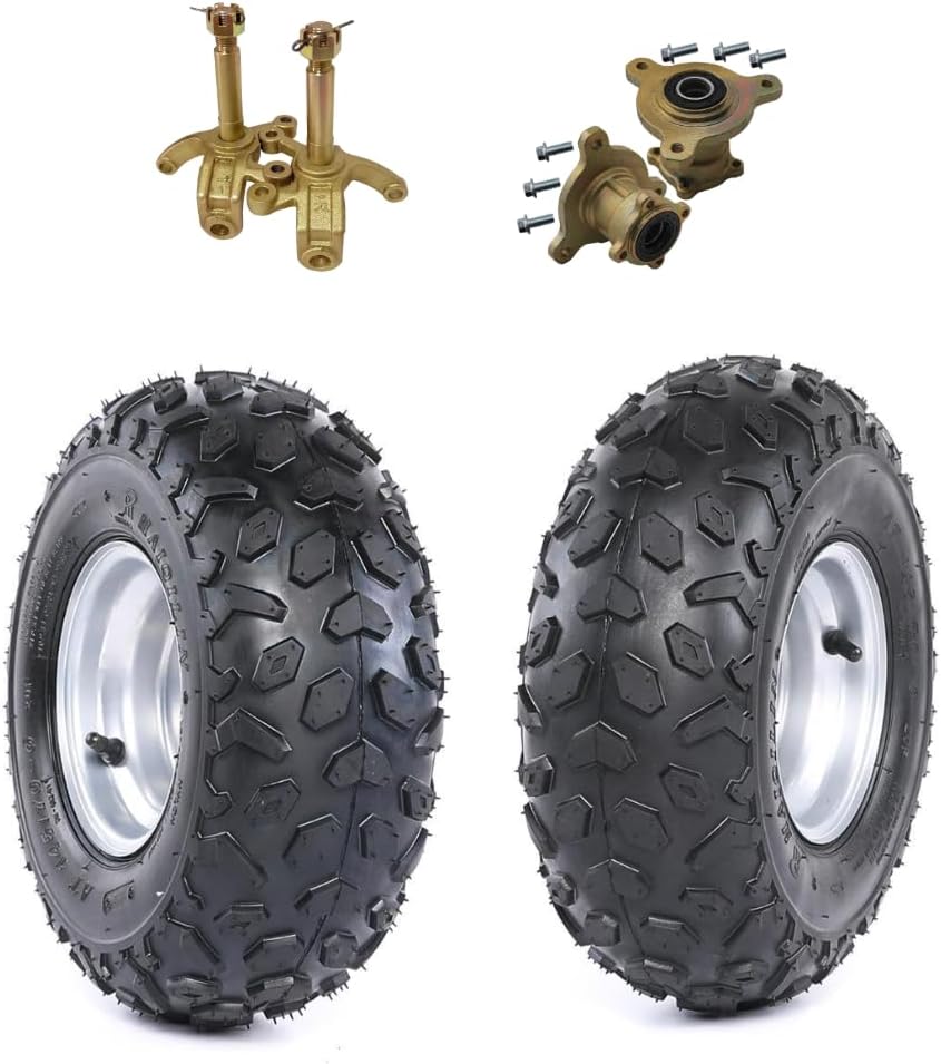 ZARKO 4 Pack 145/70-6 Go Kart Tires and Rims with 3 Lug Hubs Front Spindles and Rear Axle Hubs for ATV Buggy Quad Mini Bike