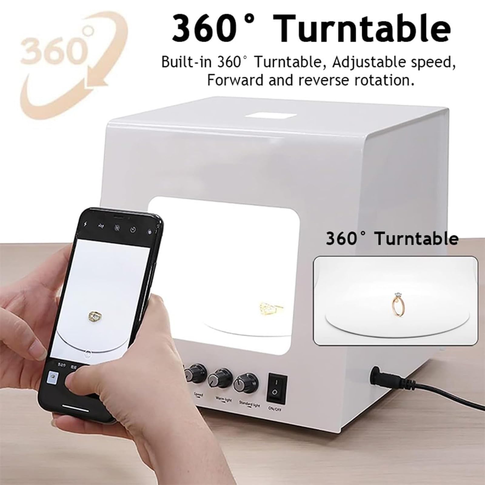Kit de Caja de luz para fotografía de joyería con Plataforma giratoria Ajustable y softbox para Mini Estudio fotográfico, admite Colgar o Colocar artículos ()