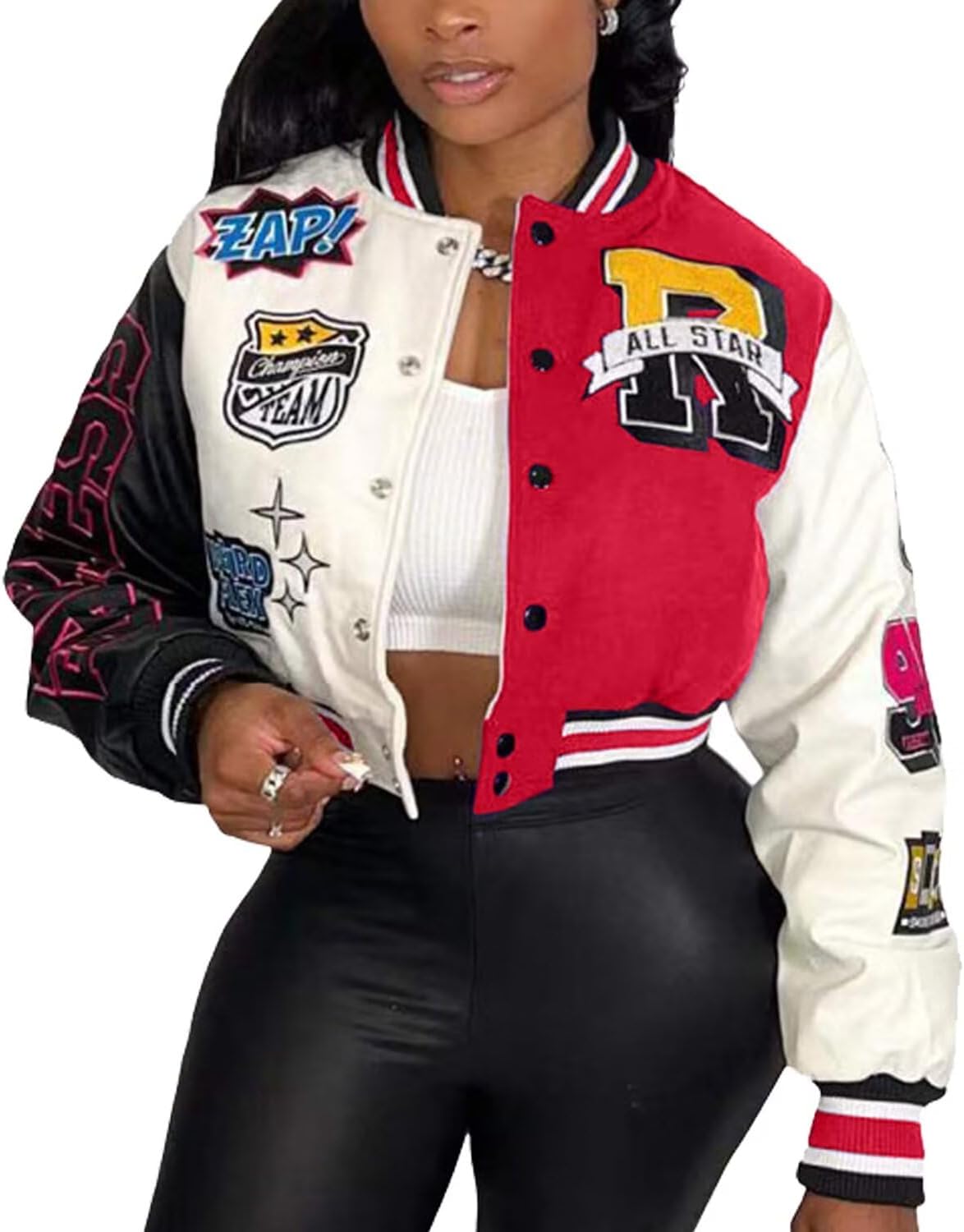 Womens Varsity Jacket Cropped Bomber Jacket Casual Baseball Coat Streetwear | Long Sleeve Button Down Bright Letter Print Y2K Fashion Vintage Short School Outfit Outerwear,Daily Wear,Sport Active