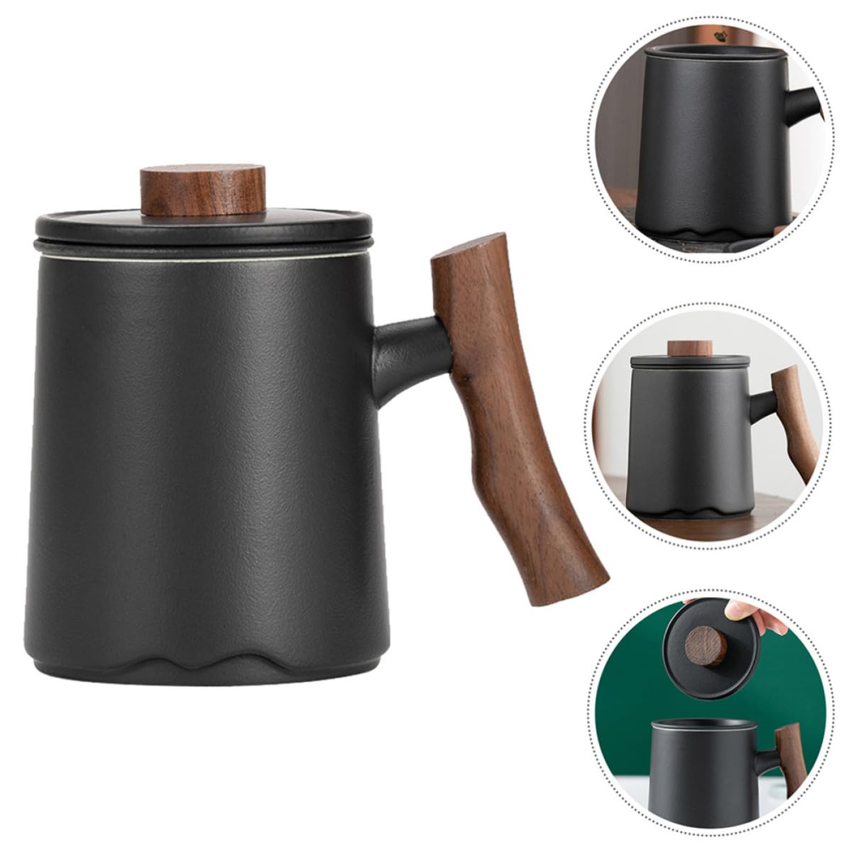 Happyyami Taza de Cerámica Negra con Filtro y Asa de Madera 360ml para Infusión de Té Fácil de Limpiar Diseño Elegante para Varias Ocasiones