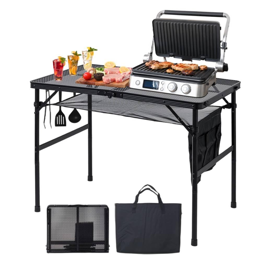 Japard Folding Grill Table, 3 x 2 FT Lightweight Height Adjustable Aluminum Table with Mesh Desktop and Mesh Bag for Outdoor Camping Picnic BBQ (Black, medium (35" x 23"))