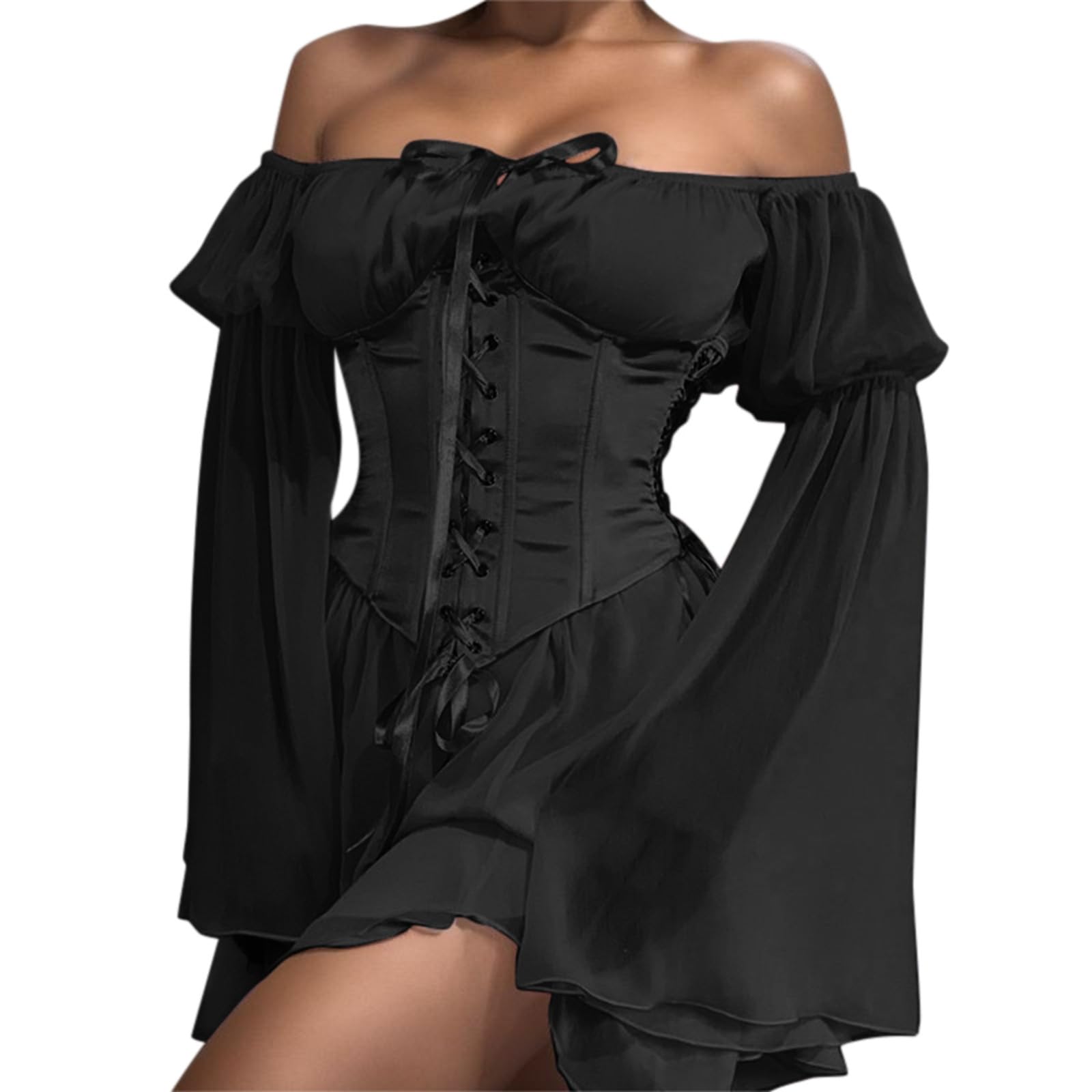 Piratenkostüm Damen Kleider, Fasching Kostüm Damen Pirat Partykleid, Jumpsuit Overall Kleid Elegant Kurz, Einfarbig Straffen Taille Rüschenkleid Swing Kleid Damen 50er Karneval Piratenkleid Für Kurven