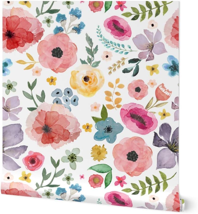 Peel & Stick Wallpaper 3ft x 2ft - Floral Fiesta Flowers Bright Red Blue Yellow Boho Custom Removable Wallpaper by Spoonflower