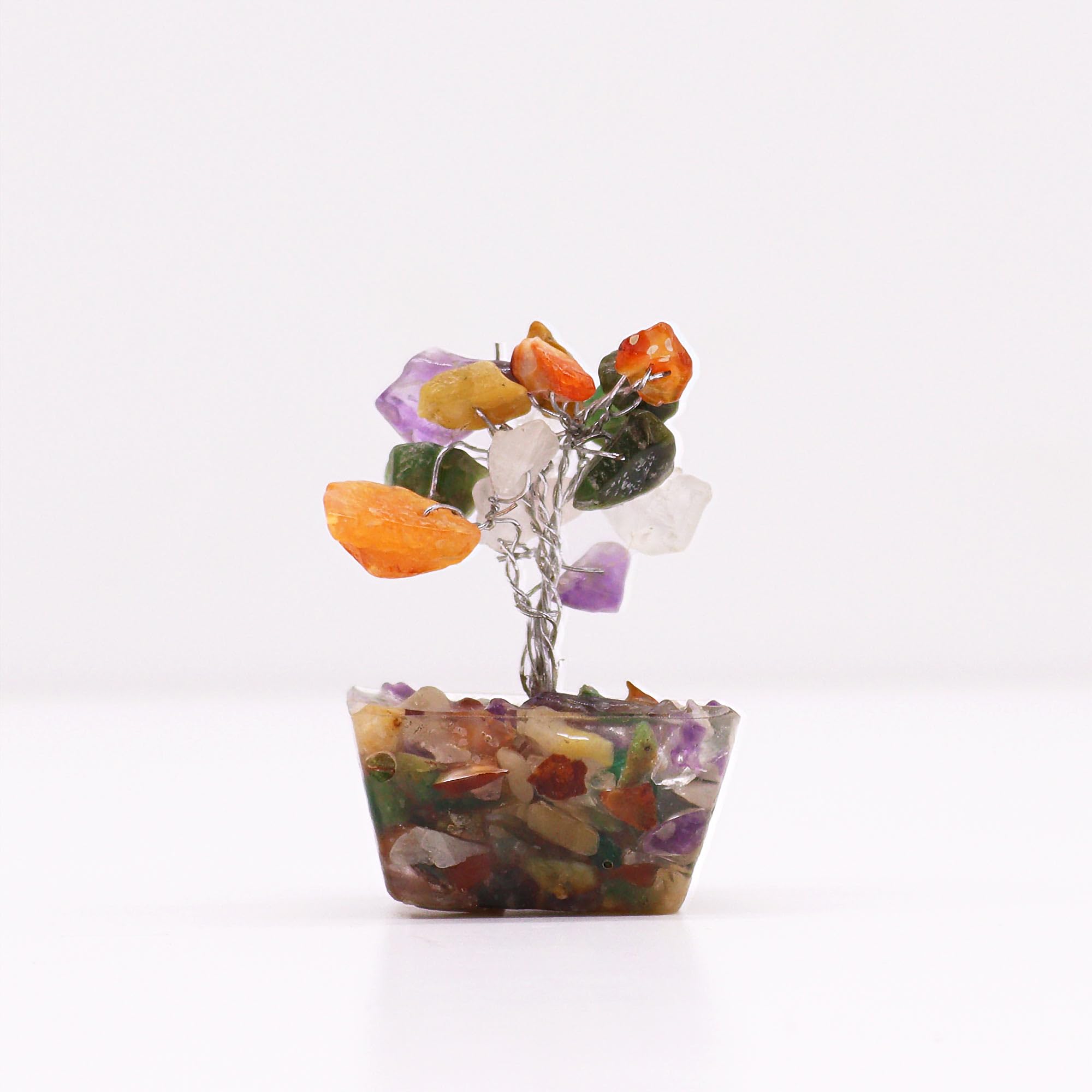 Thunder Tribes Mini Crystal Energy Tree With Orgonite/Wood Base – Healing Gemstone Bonsai For Positive Vibes (15 Stones) (Wood Base, Multi Stones)