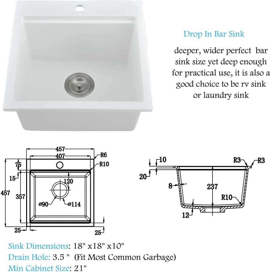 18 Inch White Drop In Bar Sink Workstation -Bokaiya 18x18 Inch Quartz Outdoor Rv Wet Bar Sink Single Bowl Small Drop In Kitchen Sinks with Cutting Board