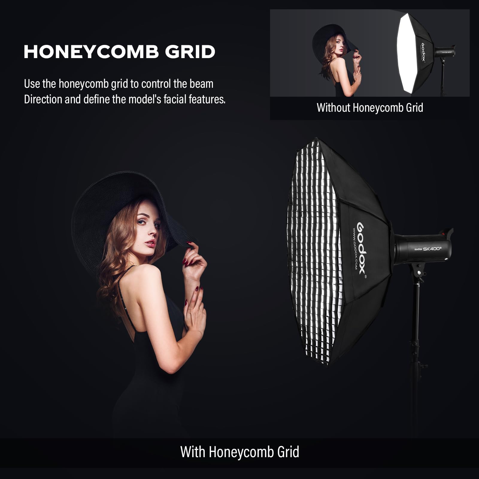 Godox Boîte à lumière octogonale 120 cm avec grille nid d'abeille et sac pour flash Speedlight (monture Bowens)