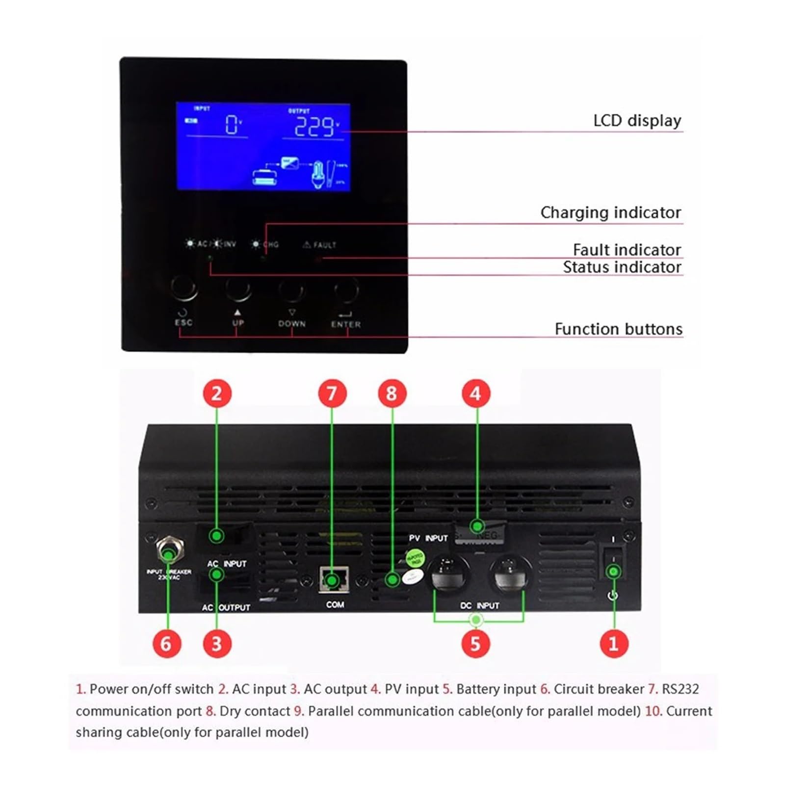 Inversor de energía Inversor Solar híbrido de 24 V, inversor Onda sinusoidal Pura, 2400 W, nerador Panel portátil