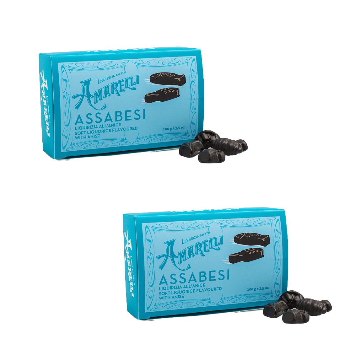 AMARELLI| Assabesi – Regaliz Blando con Anís 100g Caramelos Naturales | Regaliz Gommosa | Assabesi en Envase Elegante | Sabor Puro | Caramelos Divertidos con Formas Variadas (PACK 2)