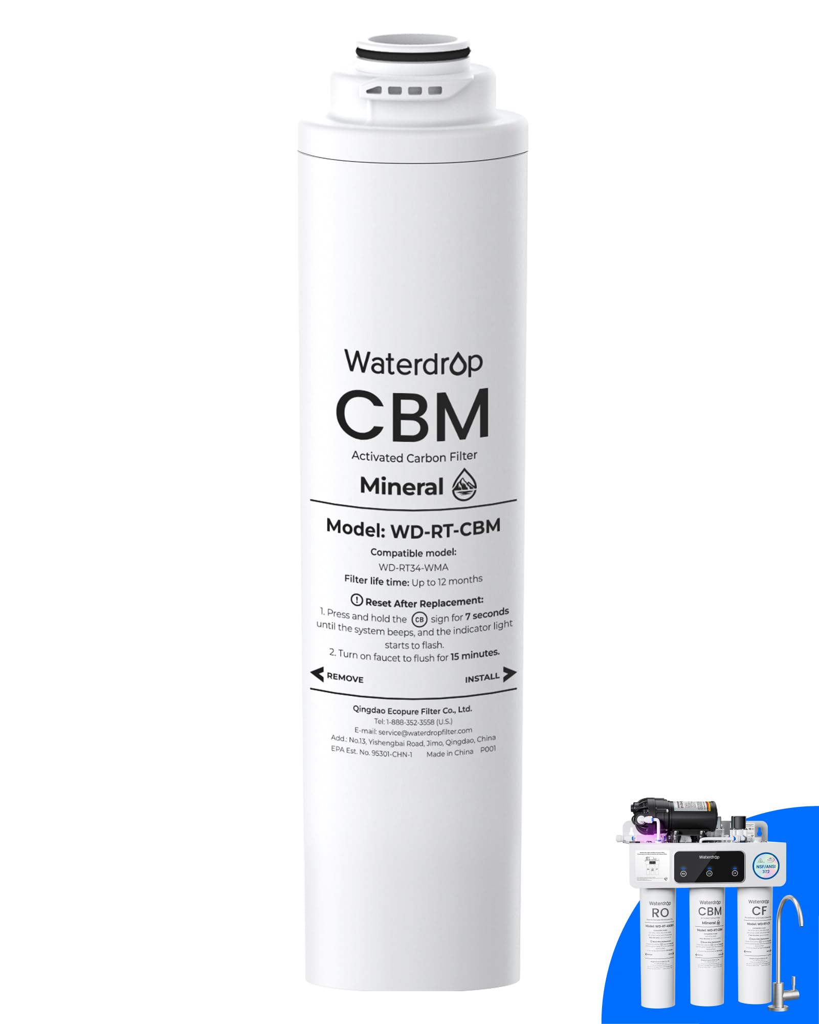 Waterdrop RT-CBM Filter, Replacement for Waterdrop T3-T & T3-M Reverse Osmosis System, Pack of 1 CB Filter, 12-month Lifetime