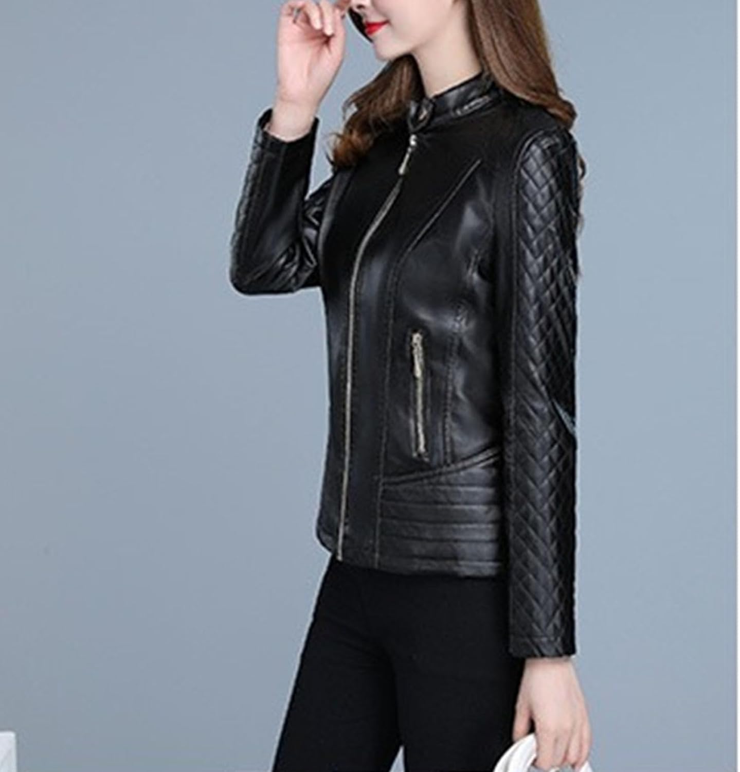 Women's Slim Fit Zipper Faux Leather Coat Classic Solid Comfort Coat Jacket Slim Fit Casual Moto Biker Outerwear
