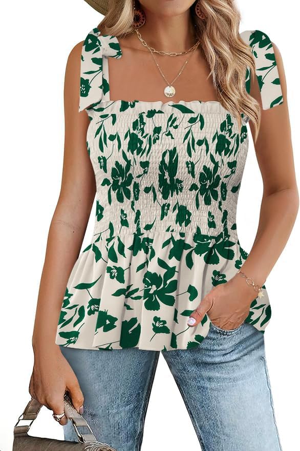 Micoson Ruffle Tank Tops for Women Summer Square Neck Sleeveless Tops Tie Shoulder Chiffon Blouse Babydoll Shirts